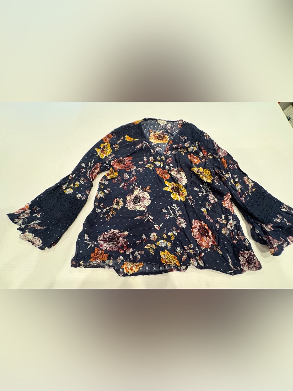 Eyeshadow Navy Floral Scoop Neck Bell Sleeve Tunic